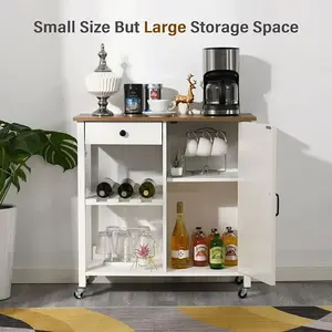 HOMBCK Farmhouse Kitchen Cart, Rolling Kitchen Cart with Storage, Microwave Stand Coffee Cart