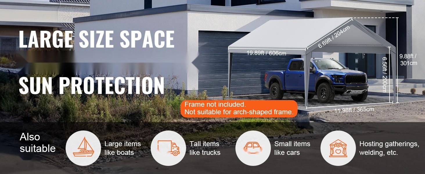 Carport Replacement Canopy Cover 12x20 ft for Outdoor Garage Shelter, Heavy-Duty Waterproof and UV Protected Top Tarp, Easy Install with Ball Bungees, Grey Color, All-Weather Durable Roof Cover, Only Top Cover, Frame Not Included