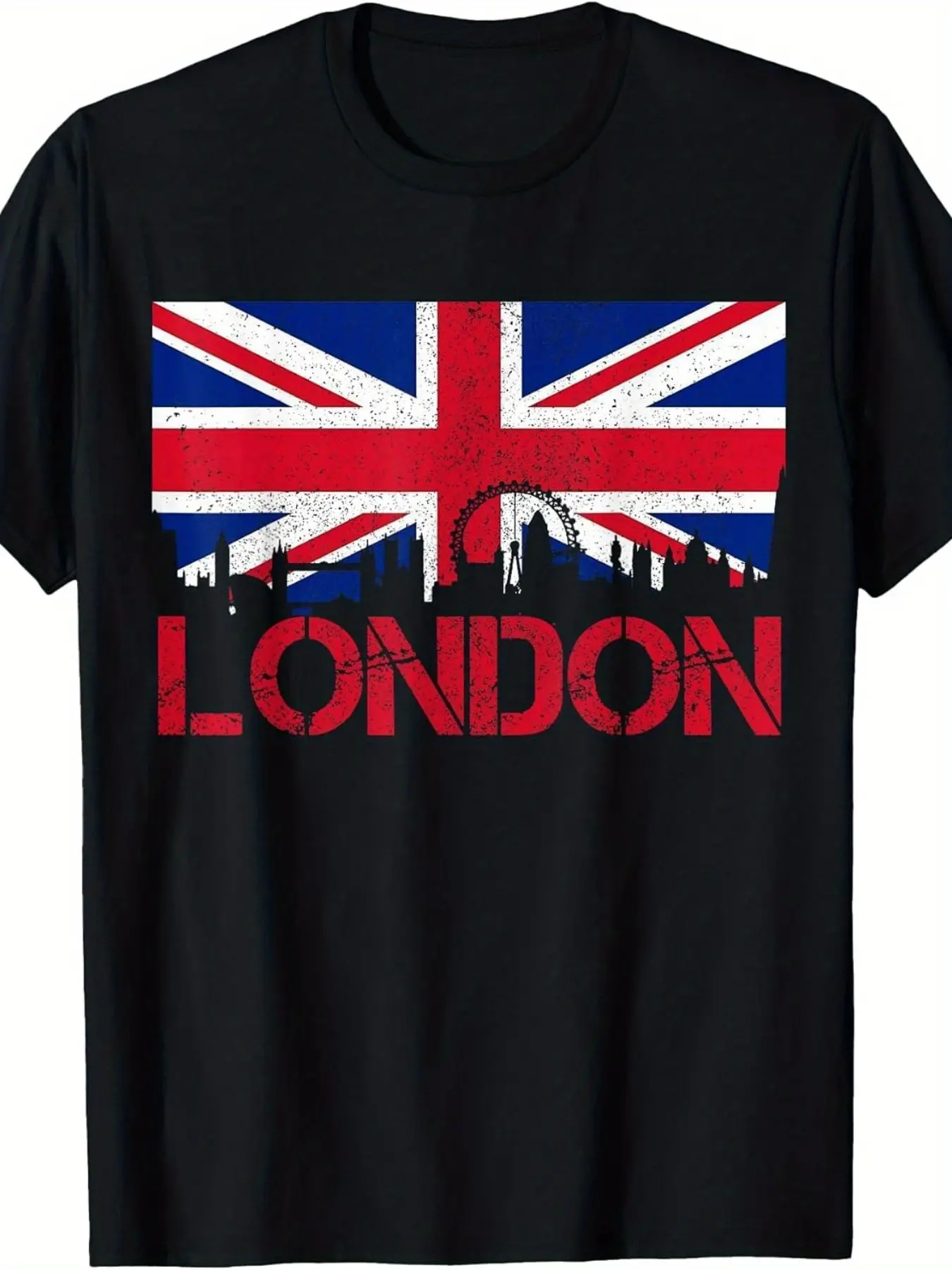 London Skyline UK England Union Jack T-Shirt - Retro British Flag Design with Iconic Landmarks Round Neck Casual Tee for Year-Round Wear Machine Washable Graphic Shirt