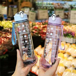 Water Bottle with Time Markings, Stylish Transparent Water Bottle for Outdoor Sports, with Measurement Scale, Straw, and Handle, Medium-Size Transparent Sports Water Bottle with Straw