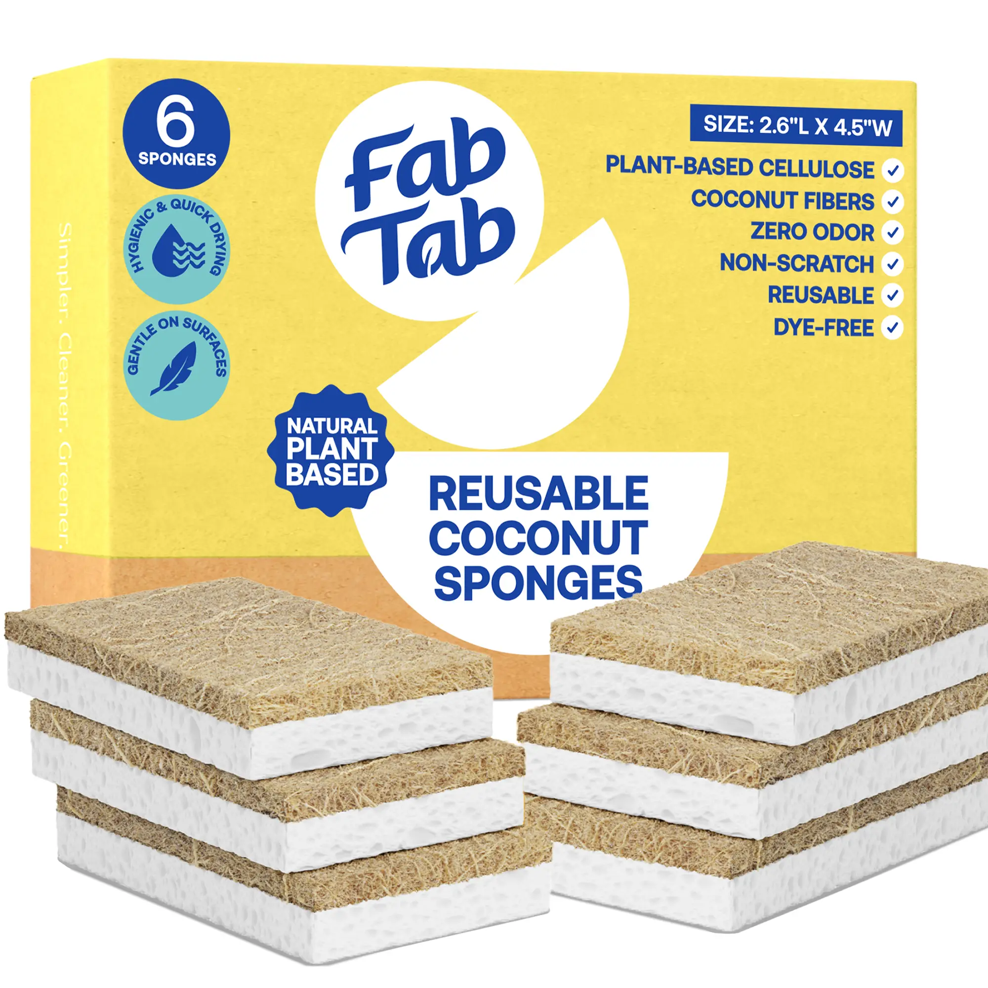 FabTab Coconut Kitchen Sponges - Pack of 6 - Biodegradable, Compostable & Eco-Friendly - Dish Cleaning Sponges Made from Plant Based Cellulose - Better Than Wipes - Plastic-Free