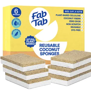 FabTab Coconut Kitchen Sponges - Pack of 6 - Biodegradable, Compostable & Eco-Friendly - Dish Cleaning Sponges Made from Plant Based Cellulose - Better Than Wipes - Plastic-Free