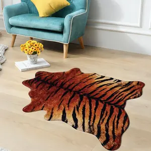 Tiger Print Faux Animal Skin Shaped Area Rug, Soft Comfortable Faux Cashmere Carpet for Living Room and Bedroom, Cute Casual Home Decor
