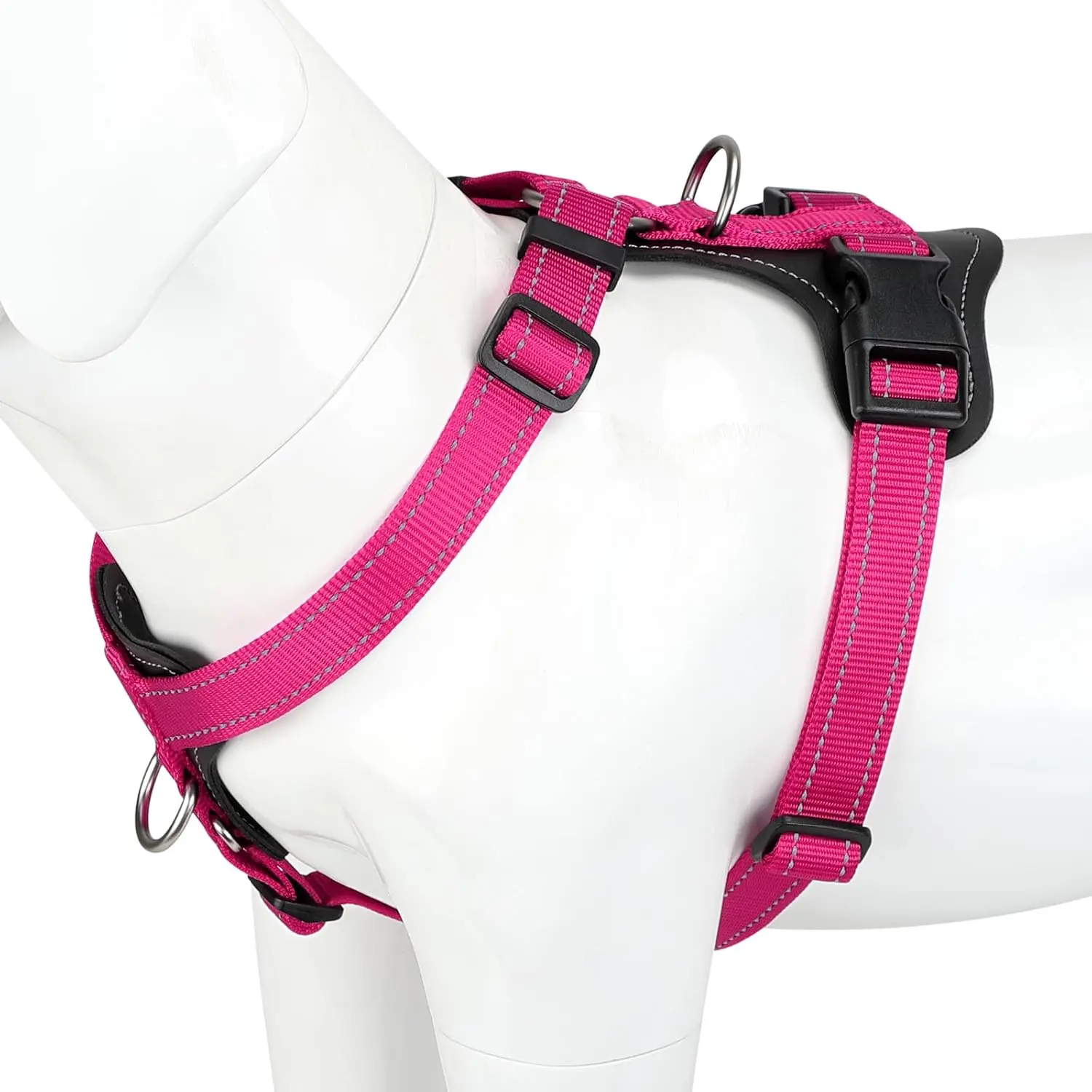 Adjustable No-Pull Dog Harness with Leather Accents - Heavy-Duty Reflective Nylon Vest, Dual D-Ring Attachments, Fully Adjustable Straps for Training & Hiking, Hand Wash Only Collars & Harnesses for Small/Medium/Large Dogs (Hot Pink, L)