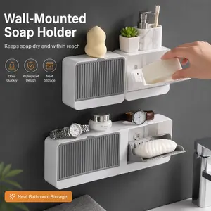 Wall Mounted Soap Dish with Lid, Double Compartment Draining Soap Holder, No Drill Bathroom Soap Box for Shower and Laundry Room