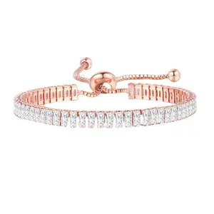 Rose gold Baguette CZ Bolo Bracelet, Adjustable Sparkling Tennis Bracelet