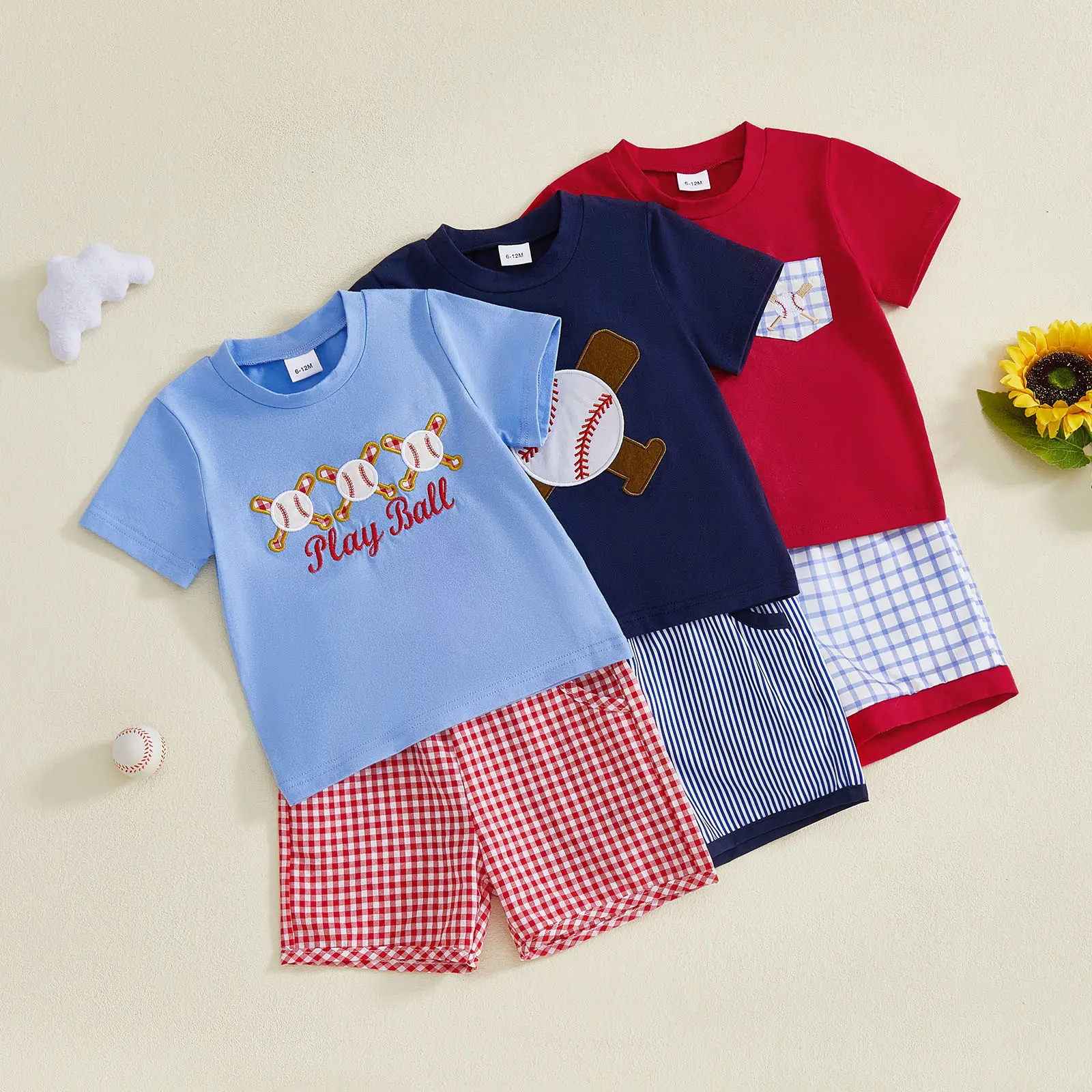 Baby Boy Toddler Summer 2-Piece Baby Clothing Set, Letter Baseball Embroidery Short-Sleeve Cotton-Elastane Top & Plaid Shorts, 6M-4Y