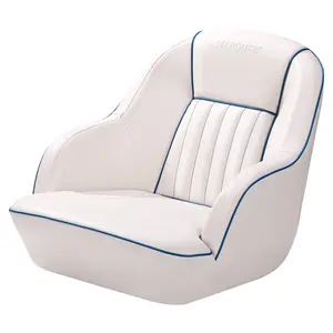 Piping Pontoon Boat Captain Chair, Heavy Duty Captain's Bucket Seat with Ergonomic Backrest & Thick Compression Foam, White & Blue Edge