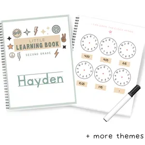 Second Grade Personalized Learning Book - Dry Erase Customized- Feelings, Reading, Writing, Math, Addition, Subtraction, Word Problems, Money, Telling Time