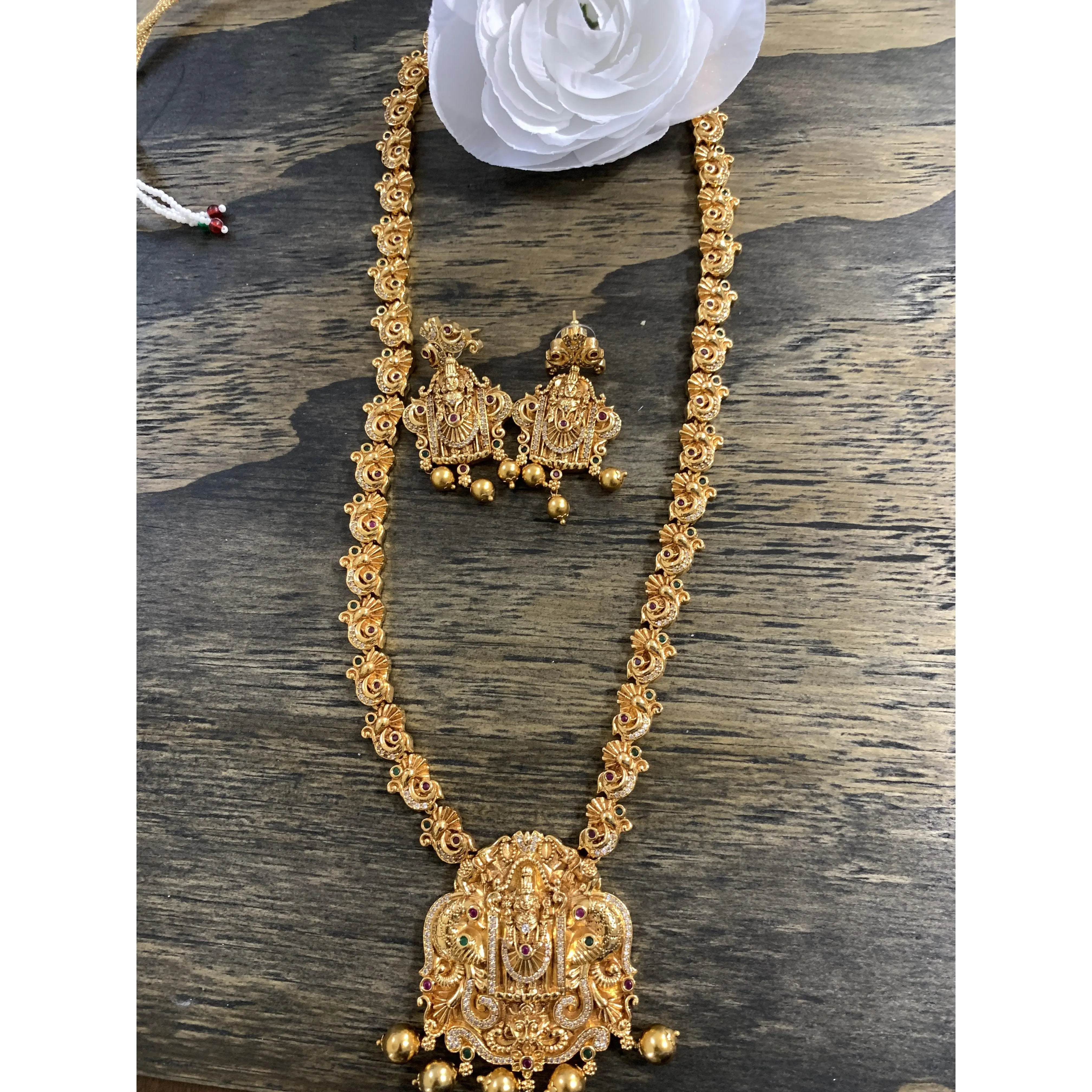 Indian Goddess Lakshmi Long Necklace in Matte Gold Polish