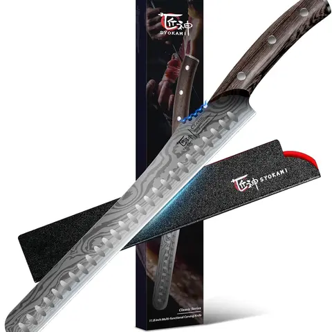 #sohochic SYOKAMI 12-Inch High-Carbon Japanese Style Stainless Steel Multifunction Carving Knife, Wood Handle, Damascus Pattern Full Tang Razor Sharp Brisket Meat Slicing Knife with Gift Box, Thanksgiving Christmas Day Gift, Stainless Steel Knives