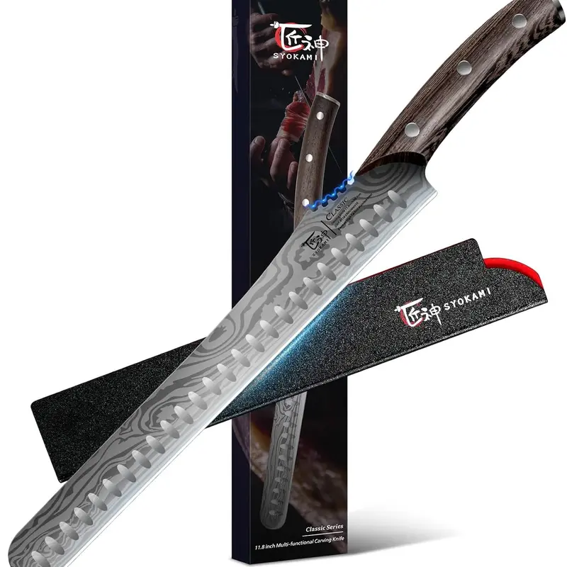 SYOKAMI 12-In Thick High-Carbon Japanese-Style Stainless Steel Full Tang Carving Knife, Wood Handle, Damascus Pattern, Razor-Sharp Brisket Slicer & Breadknife, Gift Box, Mom Gift for Wedding & Birthday