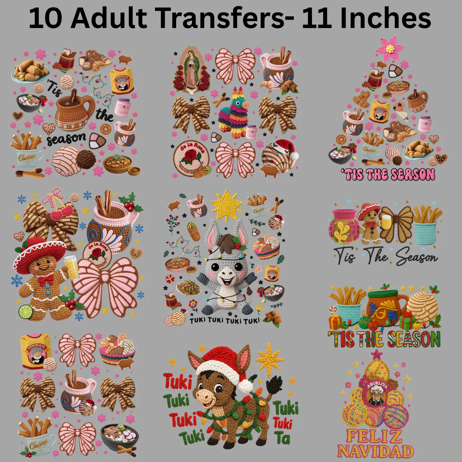 Hispanic Yarn Christmas Premade Gangsheet 10 Full Size Transfers Ready to Press DTF Transfer Hot Peel for Adult Prints 11 Inches All Seasons Faux Yarn Christmas Faith Theme