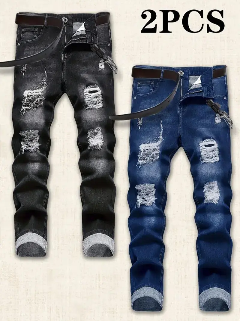 2026 Men's Slim-Fit Distressed Jeans 2-Pack, Classic Versatile Casual Denim Trousers 2026 Men's Slim-Fit Distressed Jeans 2-Pack, Classic Versatile Casual Denim Trousers