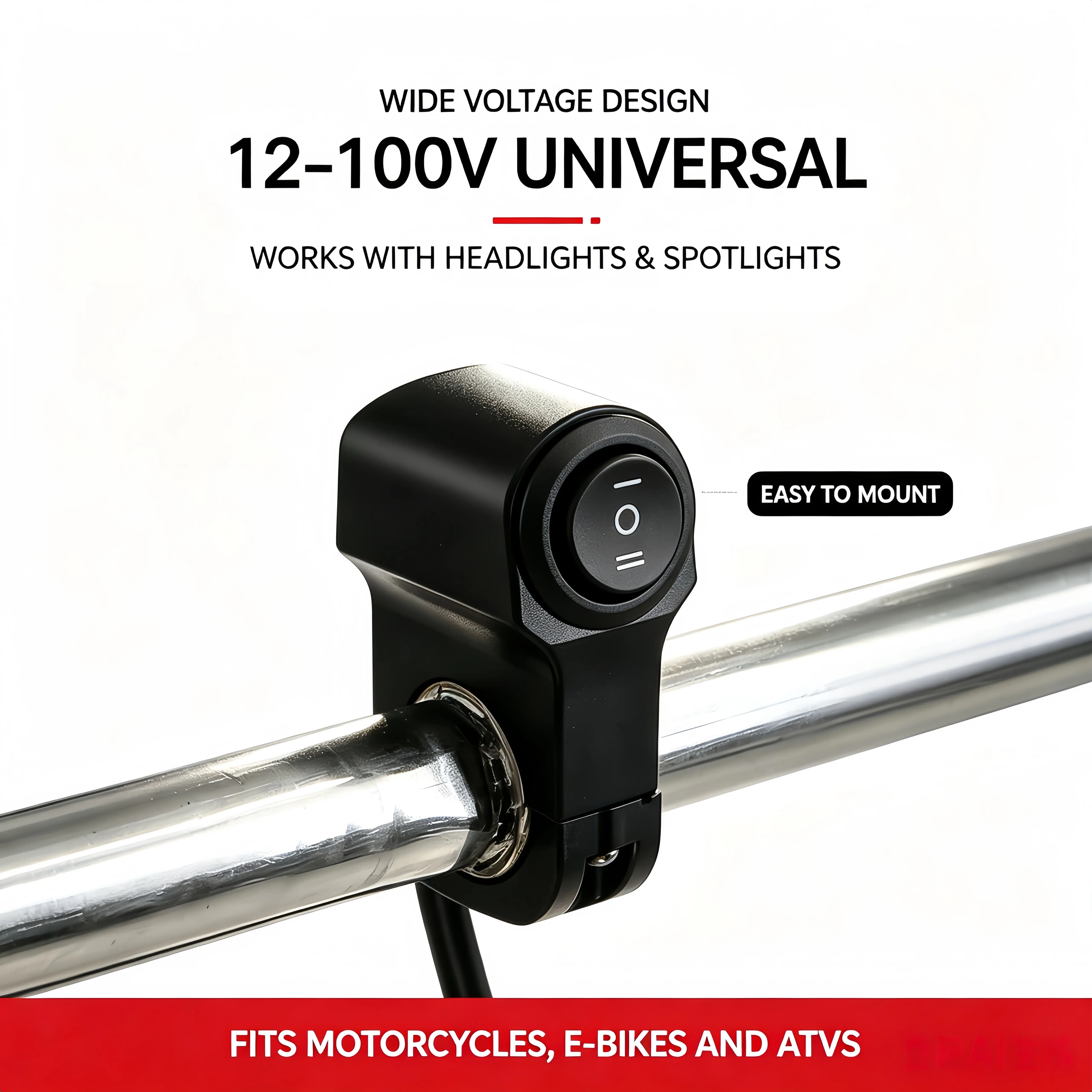Motorcycle Handlebar Switch - 22mm Waterproof 3-Wire High-Low Beam Button, Self-Lock LED Spotlight Controller, 12-100V Universal Mount for E-Bikes, Tricycles (Motorcycle Mod Parts)