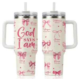 40oz Stainless Steel Tumbler with Handle and Straw with God Says I Am Print Religious Christian Mother's Day Gift for Women and Mom