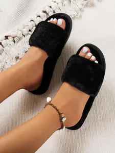Women's Solid Color Fluffy Plush Slippers, Casual Soft Comfortable Home Slippers, Warm Slippers for Indoor & Outdoor Use for Fall & Winter, Walking Shoes, Slide Slippers