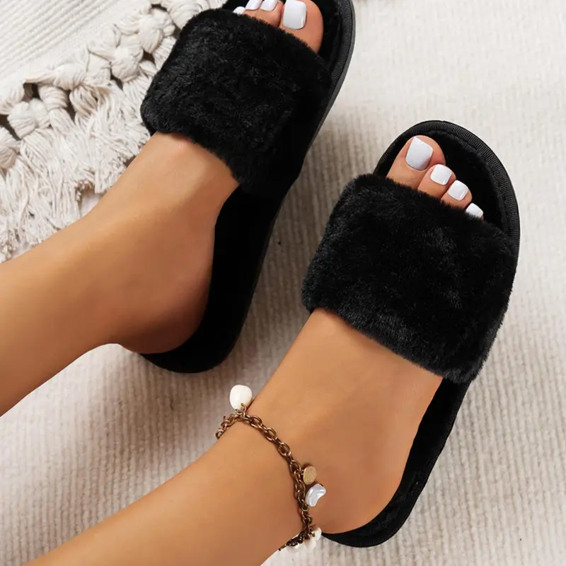 Women's Fluffy Plush Slide Slippers, Soft Cozy One-Strap, Warm Indoor & Outdoor Use, Fall & Winter, Warm Casual Slippers