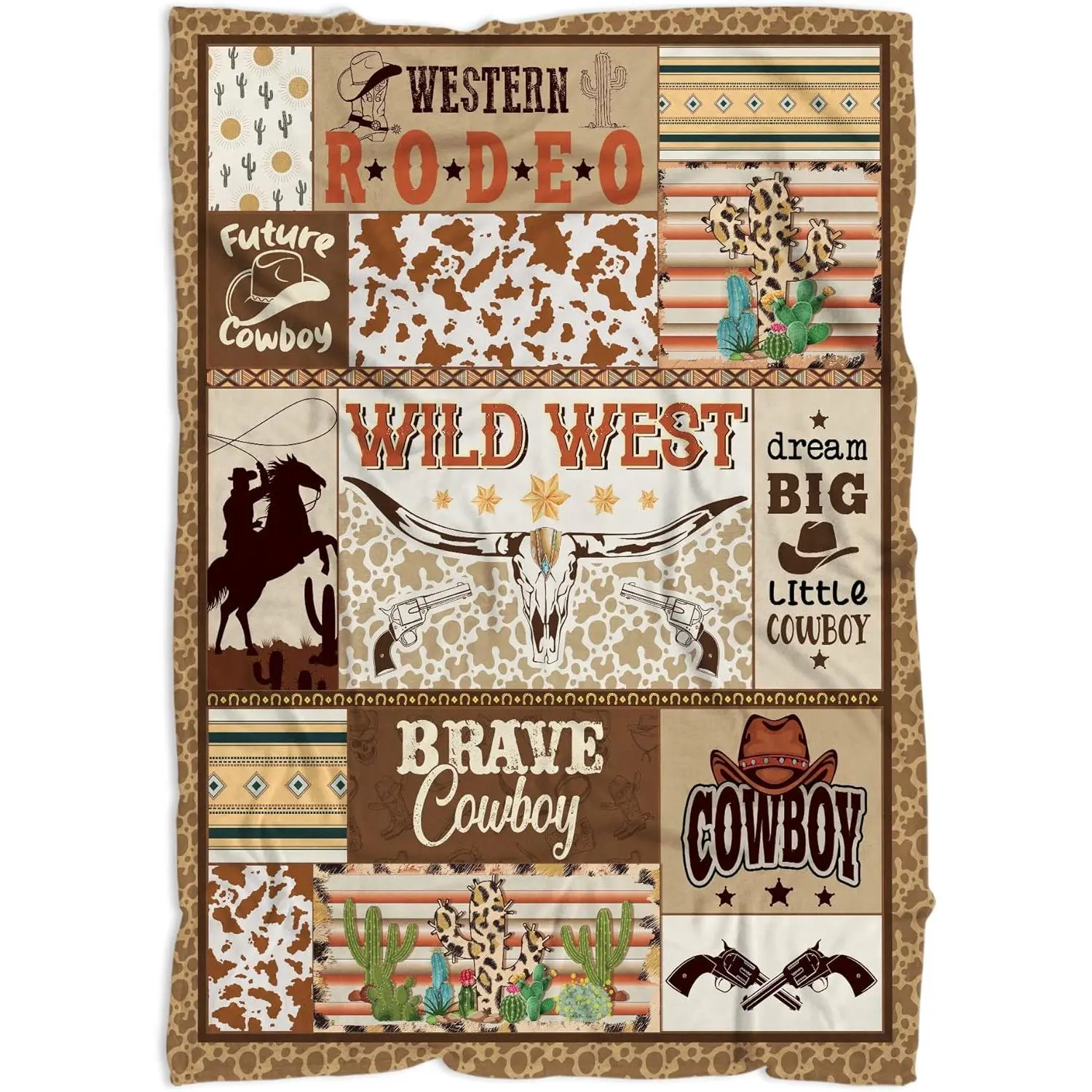 Cowboy Blanket 40'' x 30'' for Boys, Brown, Beige, Polyester, 100% Microfleece, Western Pattern, Handcrafted, Lightweight, Warm, Machine Washable