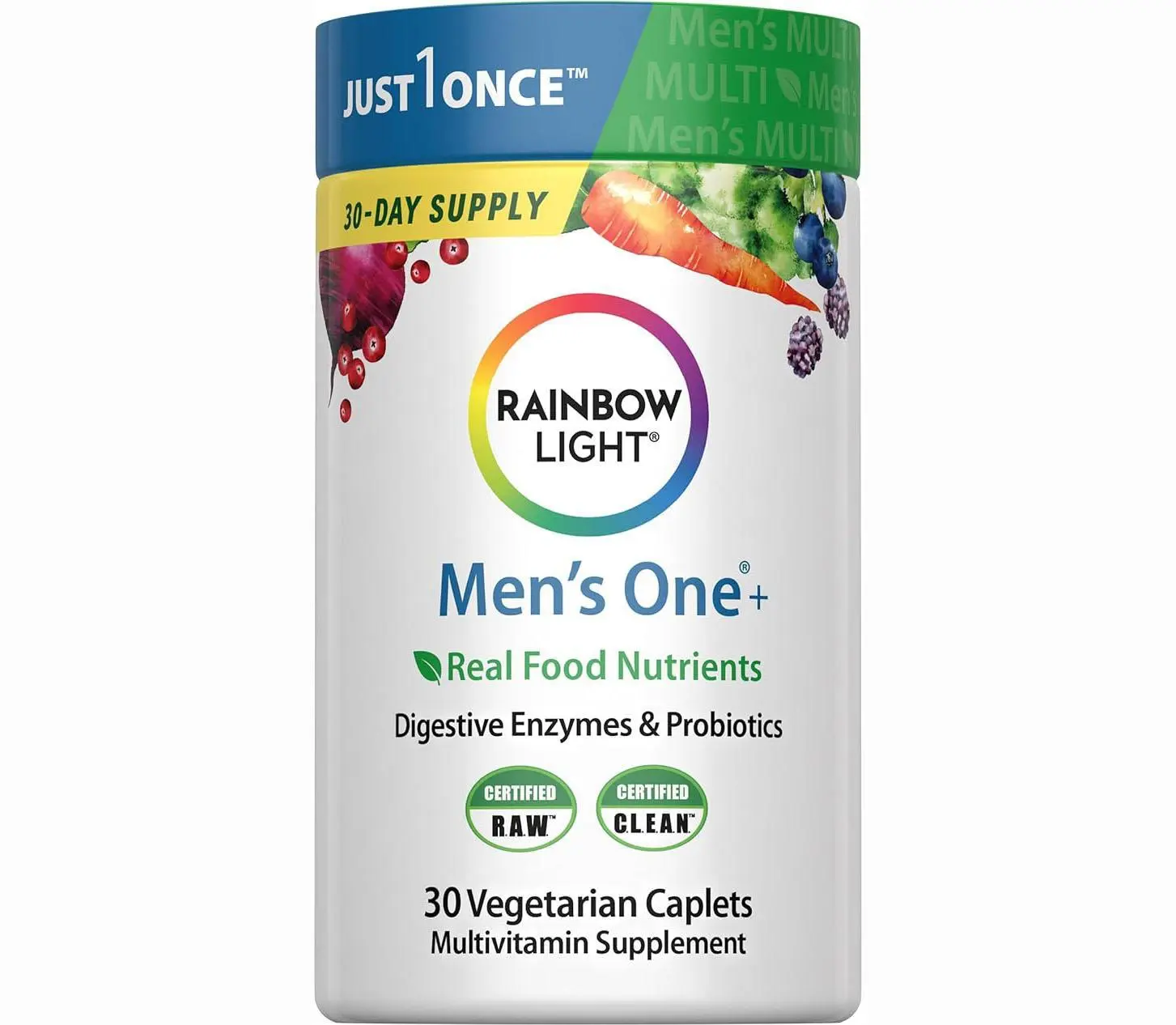 Rainbow Light Mens Multivitamin One + | 30 Caplets | Real Food Nutrients, Digestive Enzymes & Probiotics