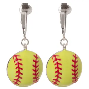 Softball Silver Clip On Dangling Earrings