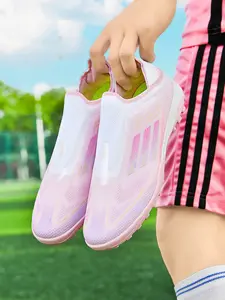 Unisex Pink-White Soft Sole Soccer Shoes: Comfort Light Trend, High-Elastic Cushion, Breathable Knit, Turf Stud Grip. For Daily Training/Long Runs