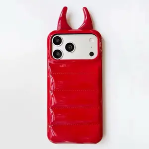 Creative 3D Horns Glossy Case For iPhone Series Down Jacket Leather Shockproof Soft Back Cover For iPhone 17 17Pro 17ProMax