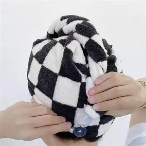 Checkerboard Pattern Hair Drying Cap, Thickened Hair Towel for Bathroom, Women's Super Absorbent Quick-Drying Shower Cap, Bathroom Accessories, Absorbent Thickened Towels