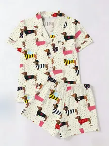 Cute Poodle Pattern Print Short Sleeve Shorts Set, Fitted All Season Women's Sleepwear & Home Wear Two-Piece Suit, Casual Style