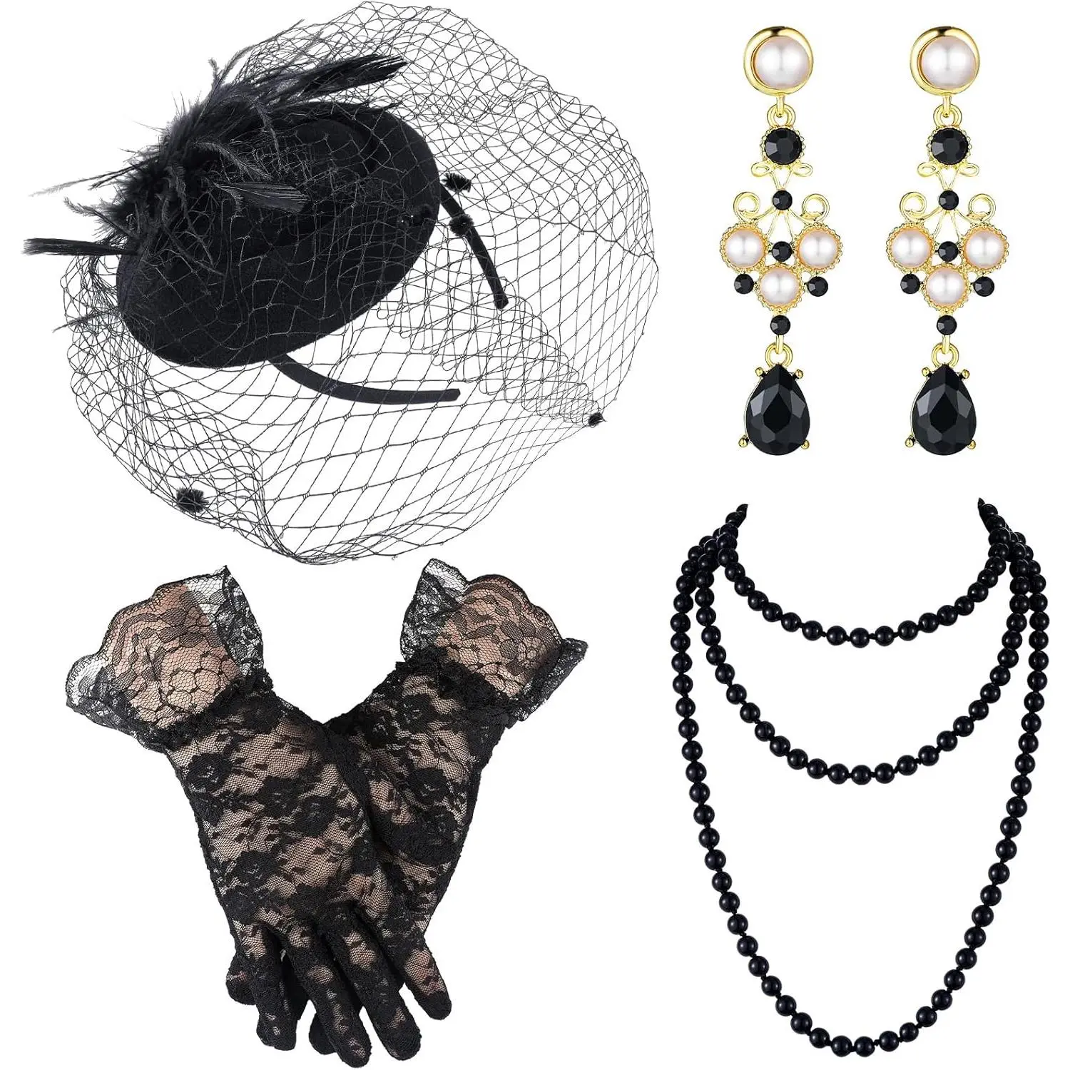 Women's Retro Classic Style 50s Fascinator Hat Set - Mesh Headpiece, Lace Gloves, Bead Necklace, Drop Earrings for Funeral, Tea Party, Photography, Faux Feather, Female, Lace Gloves Wedding, Polyester, Elegant, Veil