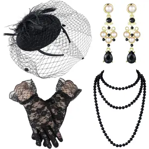 50s Fascinator Hat for Women Funeral Veil Hats Set Mesh Headpiece and Lace Glove Necklace Earring for Tea Party Cocktail