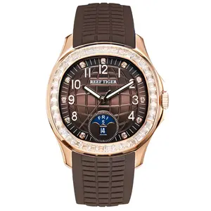 Reef Tiger Men Automatic Watch 39mm Square Mechanical Wristwatch 50M Waterproof Luminous Multi Dial Week, Date Diamonds Bezel Fashion Mechanical Men's Watch