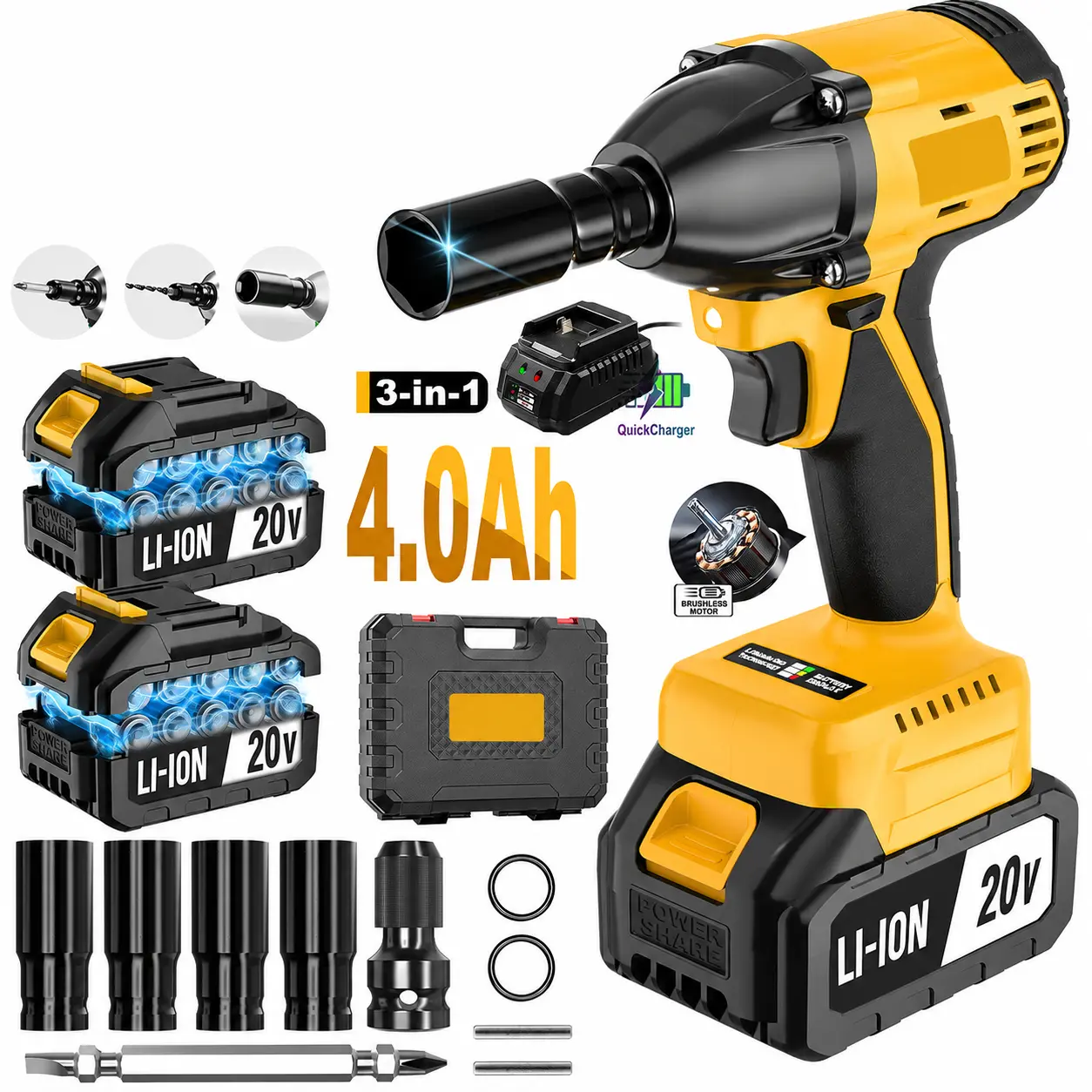20V Brushless Cordless Impact Wrench Kit, 430Nm High Torque Electric Impact Gun, 1/2-Inch Anvil, Fast Charger & Socket Set, for Auto Repair, Garage Work, Home DIY