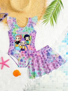 Girls' Cute K-Pop Anime Star Sequin Swimwear Set, Soft Comfortable Fabric, Sleeveless One-Piece Swimsuit and Short Skirt, Beach Vacation Wear