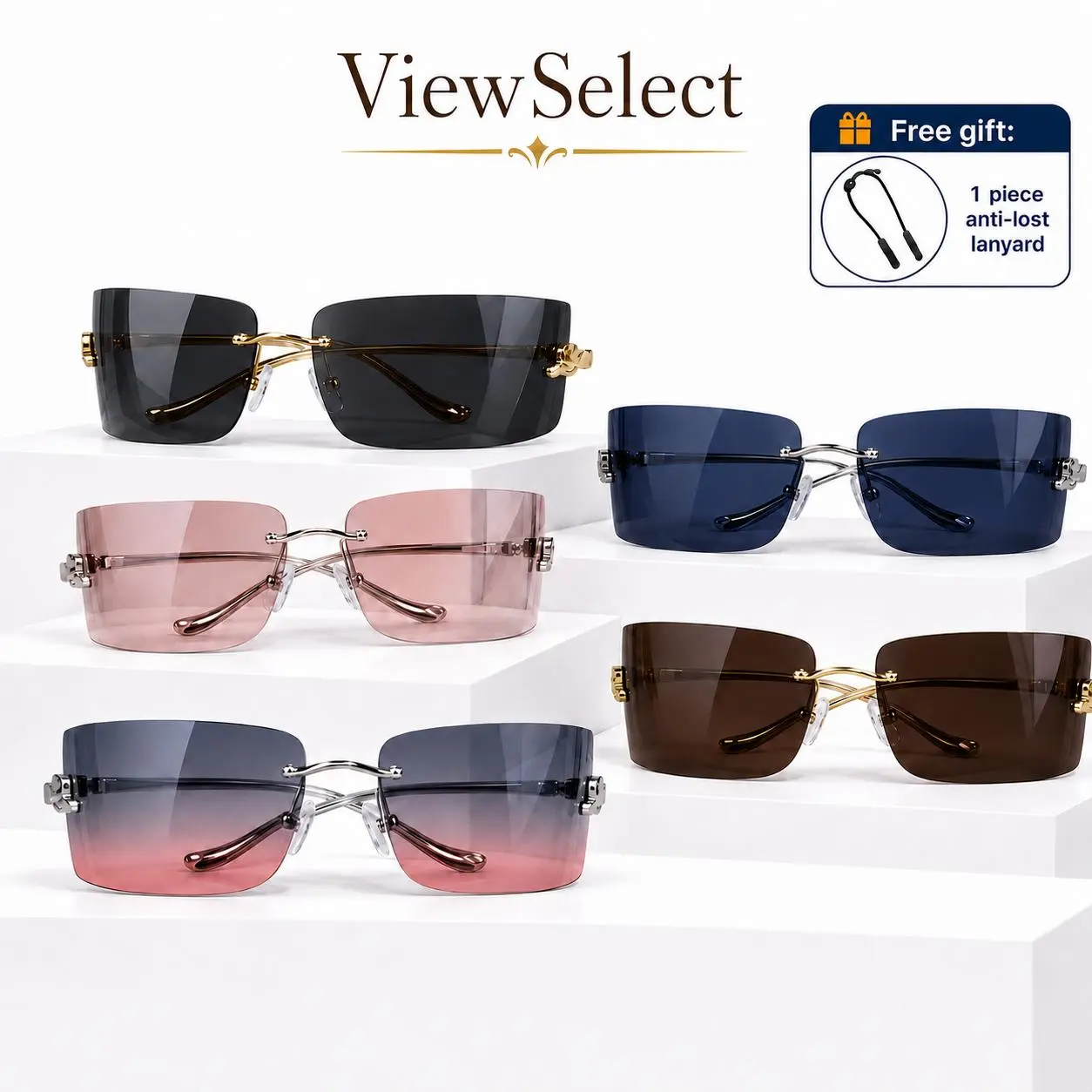 ViewSelect Rimless Rectangle Sunglasses for Women Men,  Fashion Square Tinted Shades with UV Protection, Blue Light Blocking Lens, Lightweight Frameless Glasses with Free Anti-Lost Lanyard