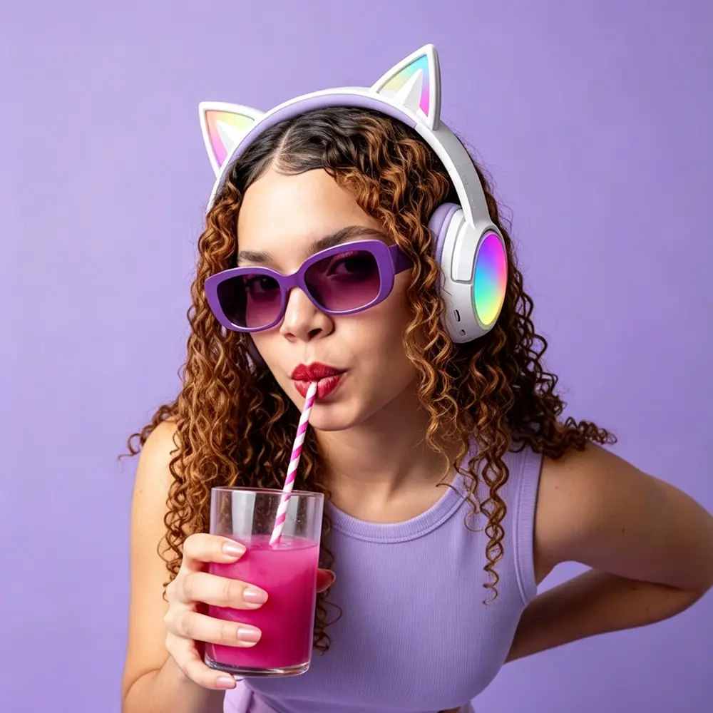 Cute Cat Ear Wireless Bluetooth Over‑Ear Headphones with LED Glowing Light Effect,  350mAh Battery, 10H Playtime With Light / 20H Without Light, Support Bluetooth AUX 3.5mm TF Card, Foldable Gaming Music Headset for Study Movie Gaming