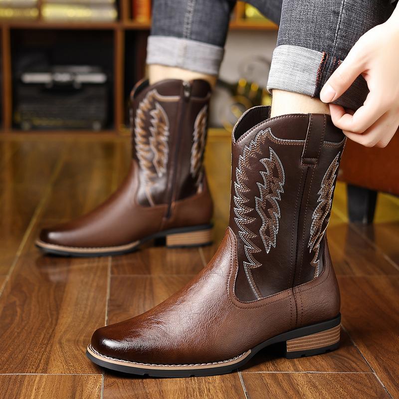 Men's Hand Embroidered Western Cowboy Boots, Vintage Brown/Black Wing Embroidery, European American Ethnic Style, Anti-Slip Sole, Closed Toe Fashion Footwear,mid-calf men