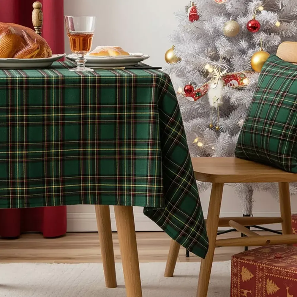 Elegant Plaid Christmas Tablecloth Green Table Cloth Rectangle Table Christmas Decorations for Dinner Table (56" x 56")