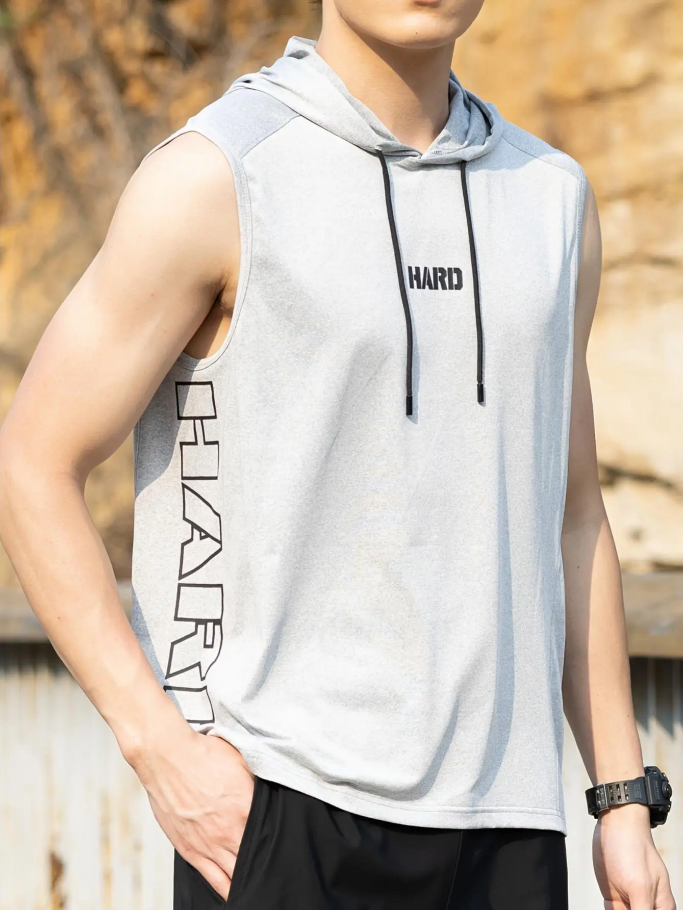 Men's Grey Hooded Sleeveless Graphic Vests, Activewear Workout Tank Top with Letter Print for Gym & Athletic Activities