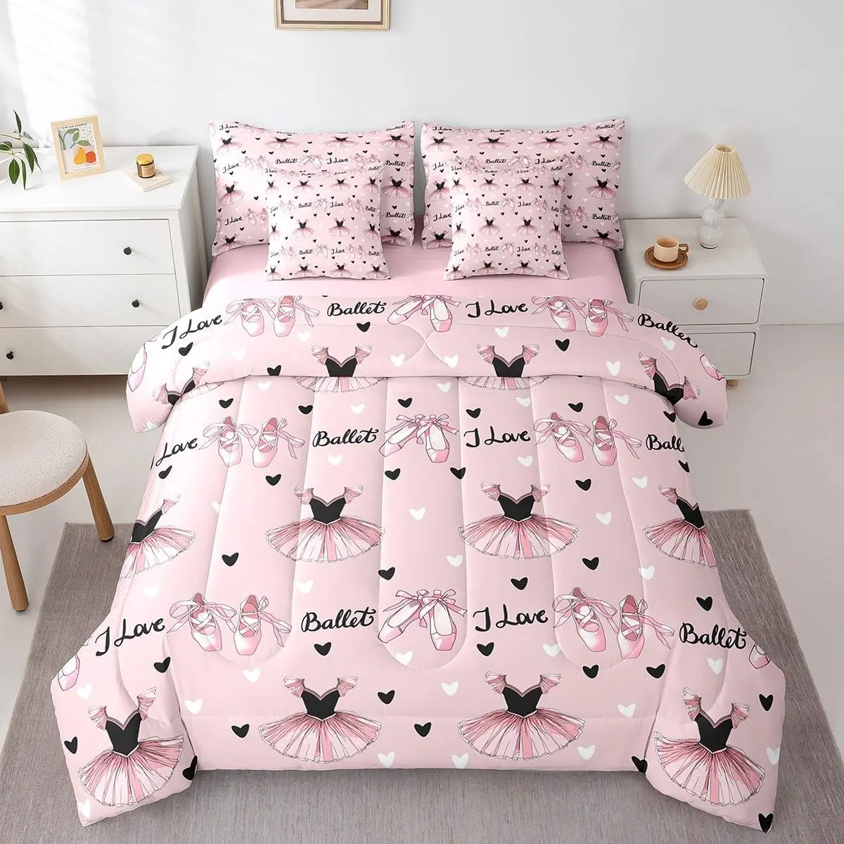 Ballet Dance Bed in A Bag,7 Pieces Ballet Dress Dancing Ballerinas Bedding Sets with Comforter,Pillowcases,Flat Sheet,Fitted Sheet,Cushion Cover, Bedroom Bedding Set, Bedsheet Sets