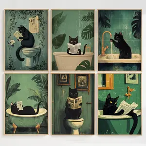 6PCS/Set Cat Bathroom Canvas Prints - Whimsical & Funny Black Cat Wall Art Posters Modern Art Design for Home Decor, Art Wall Decoration, Perfect for Living Room, Bedroom, Office, or Cafe-Frameless