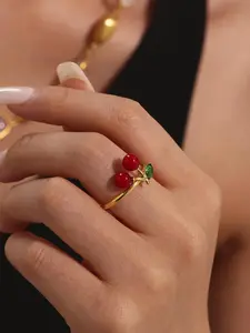 Cherry Resin Ring with Rhinestones, Sweet Summer Fruit Design, Cherry Motif, Adjustable Open Finger Ring in Stainless Steel, 18k Jewelry, Adjustable Fit