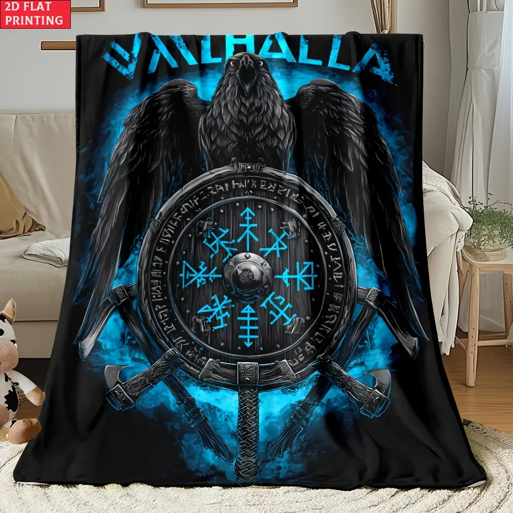 Viking Valhalla Raven & Vegvisir Compass Print Cooling Blanket for Couch Bed, Lightweight Plush All Season Nap Blanket, Portable Travel Camping Car Office Throw Blanket, Durable Wrinkle Resistant Printed Blanket, Ideal Norse Mythology Gift