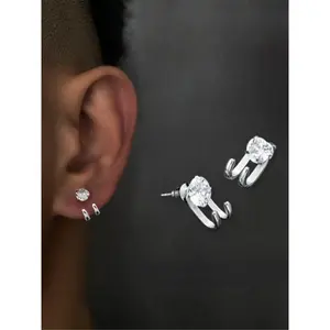 2 round zircon two claw front and rear men's fashionable earrings Zircon Stud Earrings