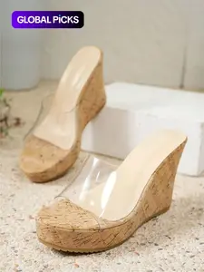Women's Fashionable Elegant Cork Wedge Sandals, Casual Comfortable Transparent Strap High Heel Platform Rubber Sandals for Summer, Female Versatile Wedge Sandals for Daily Wear