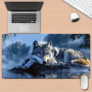 Riverside Wolf Gaming Mouse Pad - Non-Slip Rubber Base, Realistic Wolf and River Landscape Desk Mat, Soft Fabric Surface, Suitable for PC, Office, Laptop - Ideal for Gamers and Professionals - Durable Workspace Decor, Office Workstation
