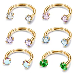6-Pack: 20G(0.8mm)/18G(1.0mm) 8mm Horseshoe Nose Hoop Internally Threaded Gems Nose Ring with Free Ball Holder