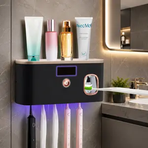 Upgraded UV Toothbrush Holder for Bathrooms, 5-Slot Wall-Mount Sanitizer with Timer and Toothpaste Dispenser for Electric & Regular Toothbrushes, Black Rose Gold