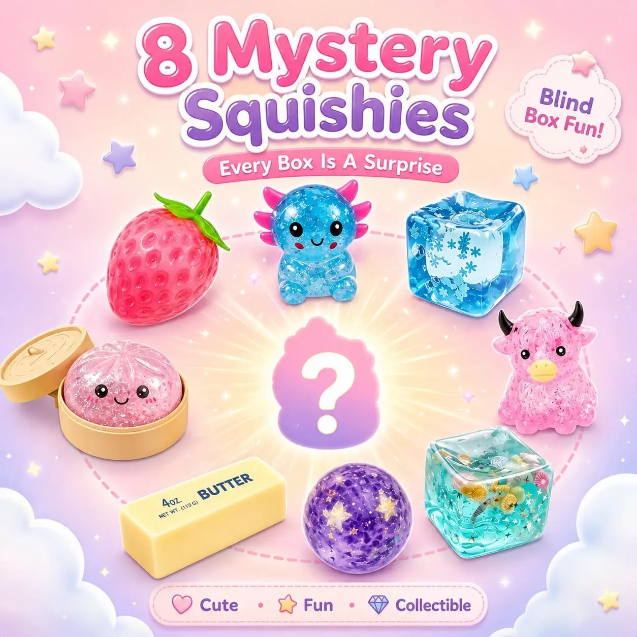 8 Pack Food Mystery Box Squeeze Toys – Ultra Soft Elastic Pinch Toy Set for Stress Relief, Cute Desk Decor, Creative Birthday Gifts & Party Favors