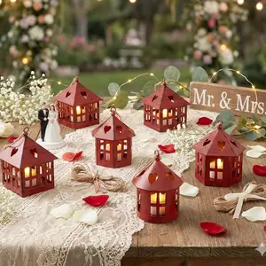 TRIROCKS 6 Pcs Mini Table Centerpieces Candle Lanterns 4" H Decorative Hanging Tealight Holders House Bulk for Wedding Farmhouse Christmas Dinner Party Indoor Outdoor Gifts(Wine Red Brushed Black)